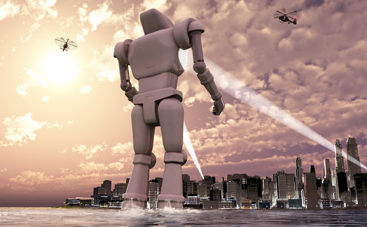Giant robot coming to a city by the sea
