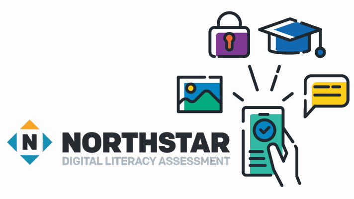 Northstar Digital Literacy Assessment text with illustration of a hand holding a cell phone, surrounded by illustrations of a graduation cap, a briefcase, a map and text box.